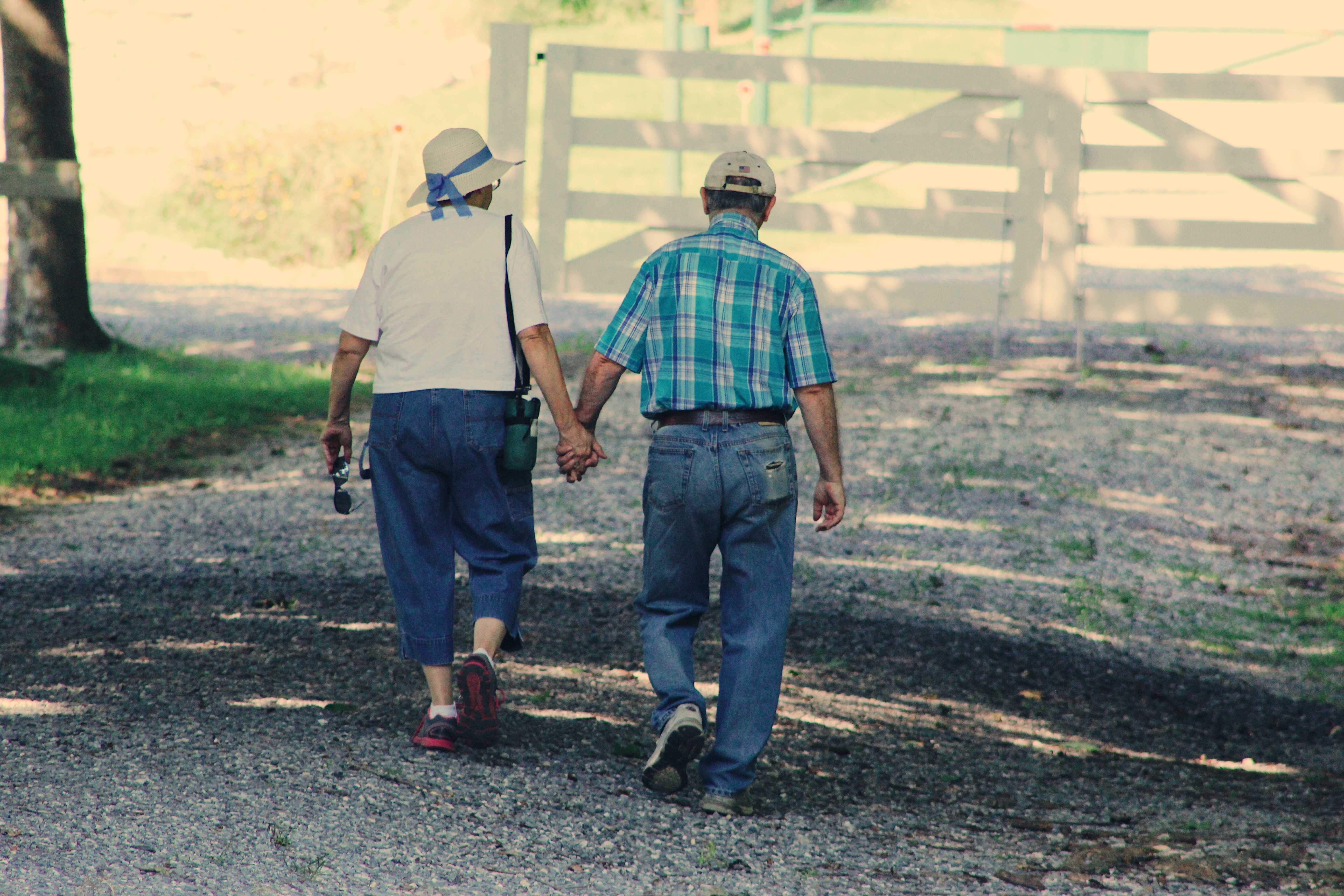 elderly couple holding hands