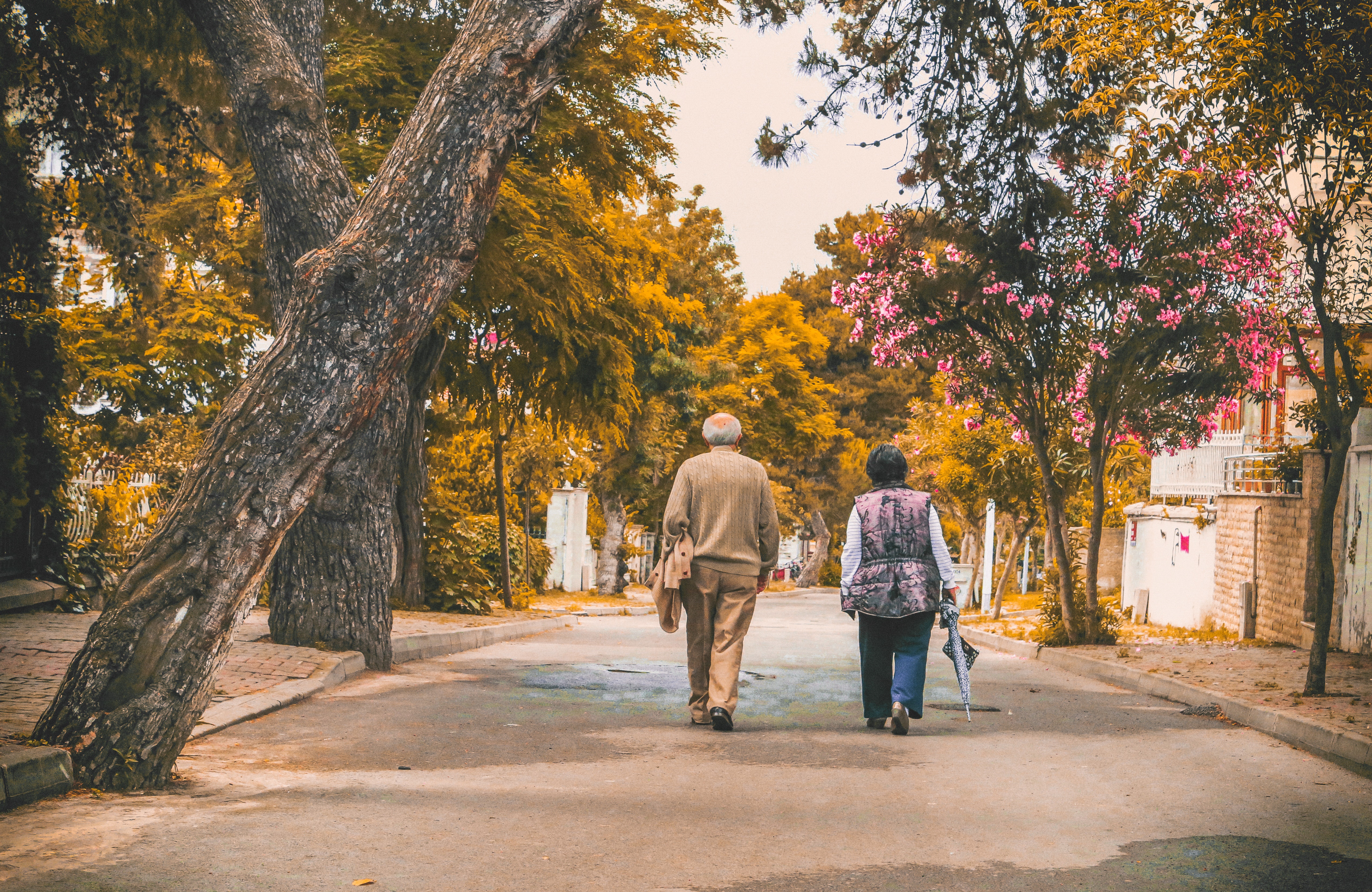 senior couple walking along street with trees