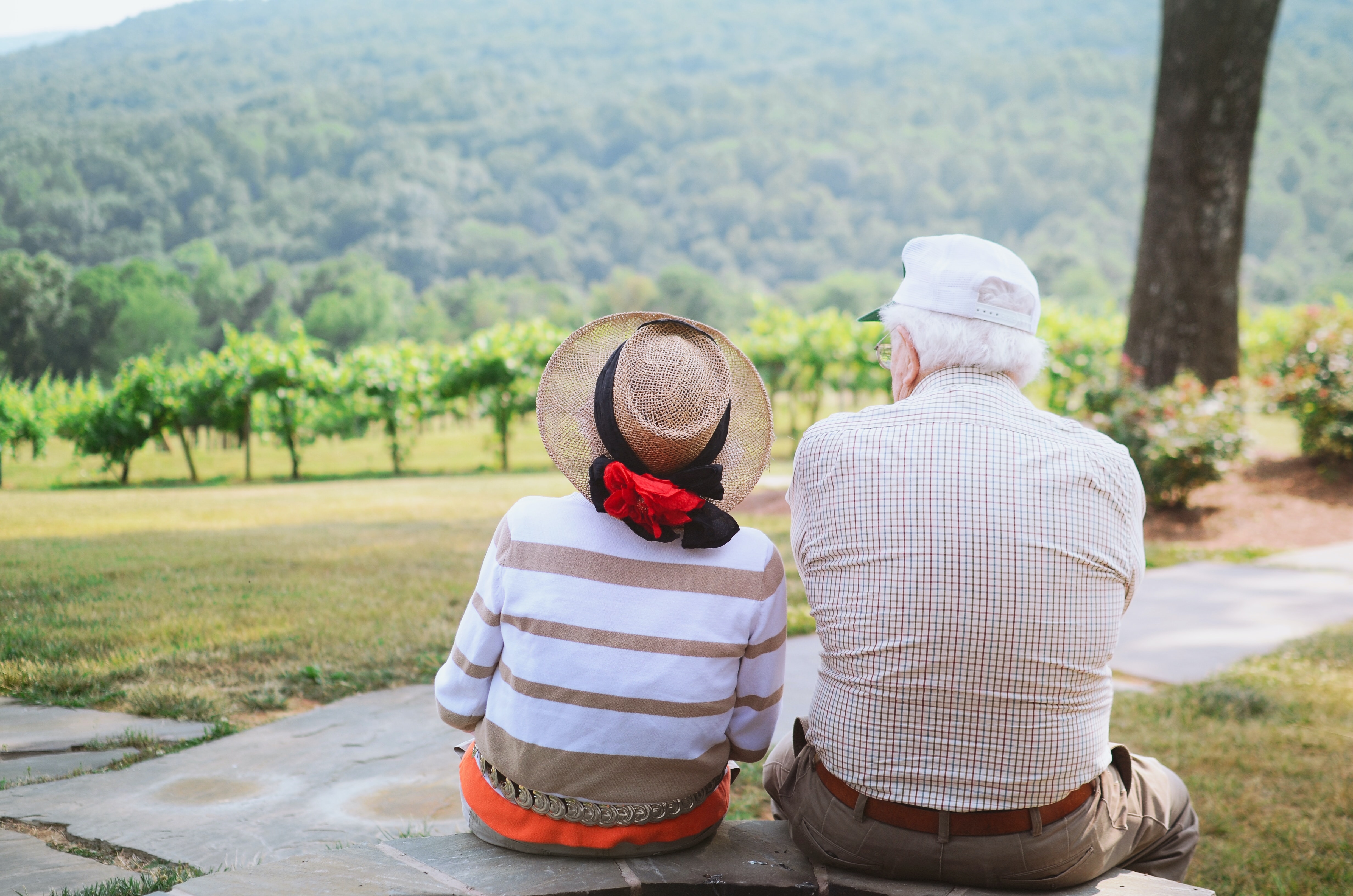 senior couple sitting on mountainside